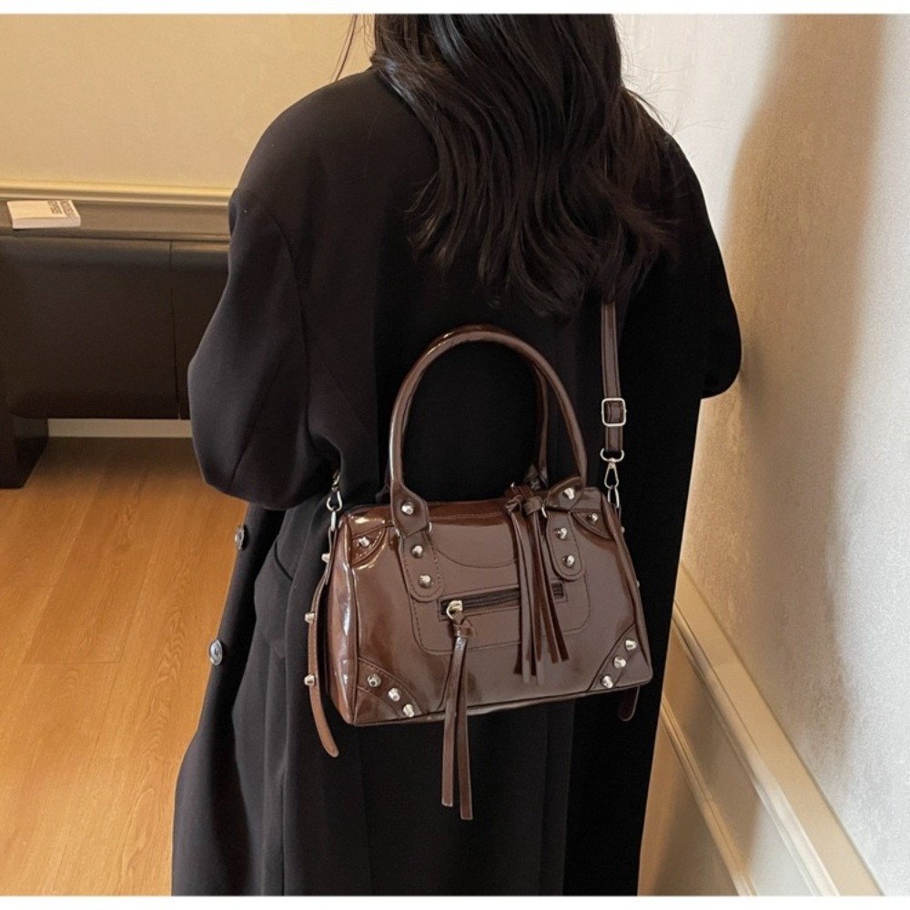 Top Handle Patent Bag - Torebka Vintage z Nitami, Duża Pojemność,