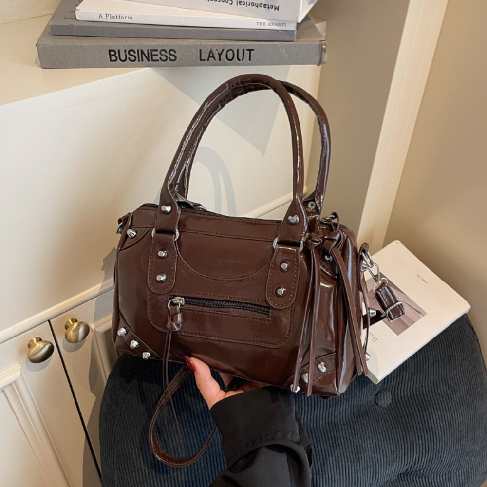 Top Handle Patent Bag - Modna torba na ramię z nitami,
